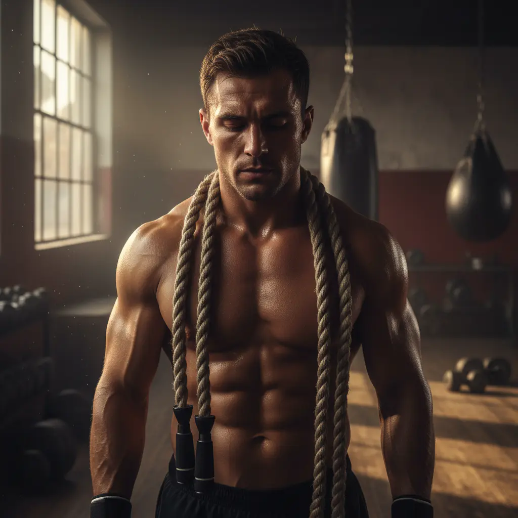 Athlete resting with thick jump rope draped around neck