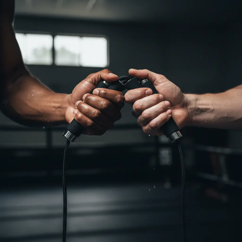 Close-up of athlete's sweaty gripped hands on jump rope handles