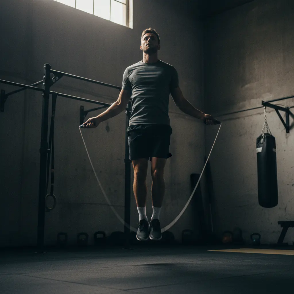 Athlete jumping rope in dark environment