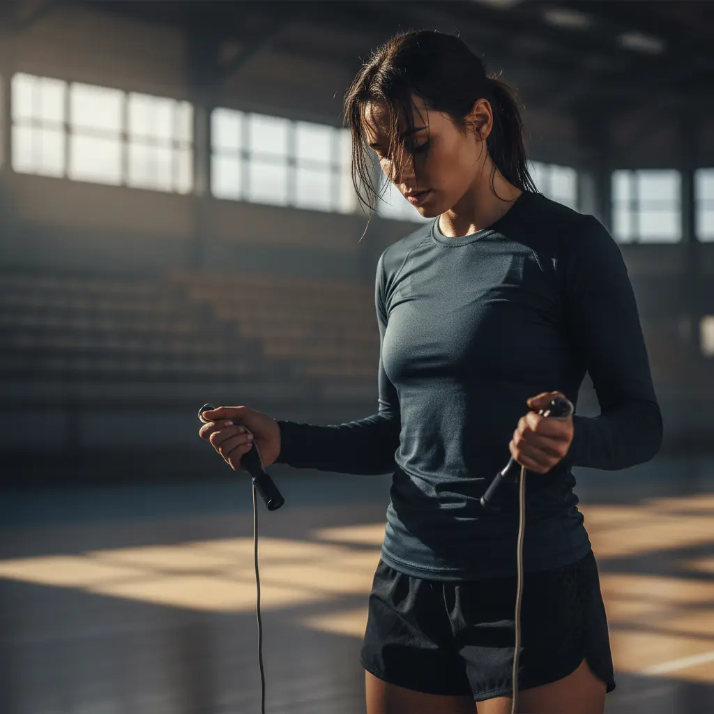 Tired athlete holding jump rope