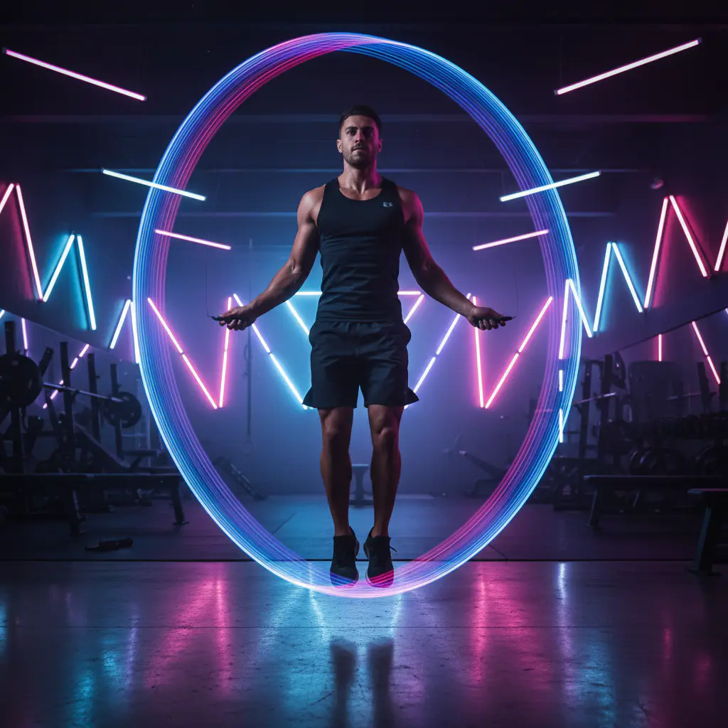 Athlete intensely jumping rope with motion blur