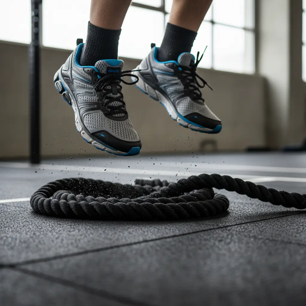 Close-up of athletic shoes mid-jump over heavy rope